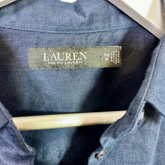 LAUREN RALPH LAUREN Navy Linen Short Sleeve Buttondown Shirt, Petite Medium - Picture 3 of 7